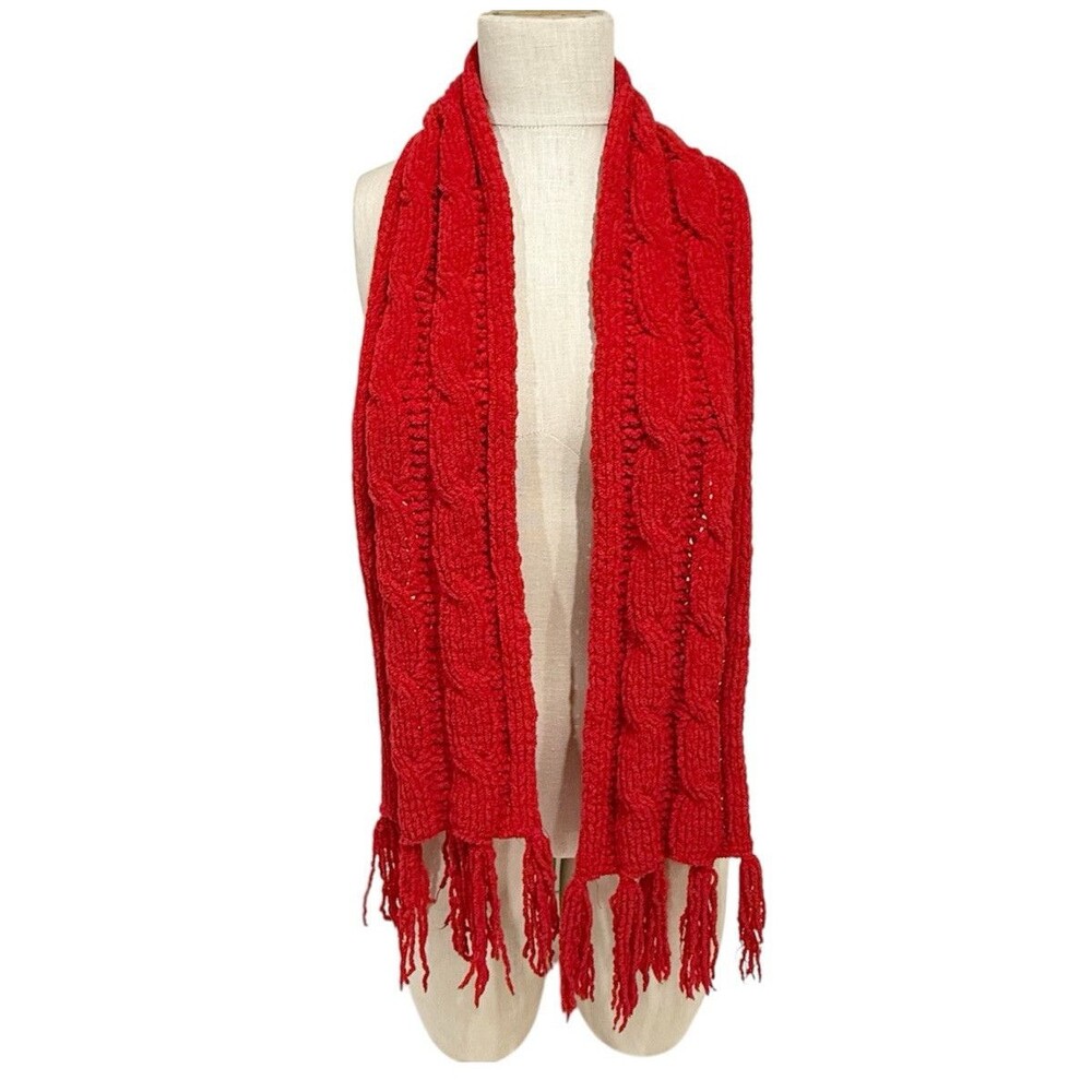 Handmade Women Scarf Knitted Elastic-Braids Red Crochet Fringe Cowl Warm Neck